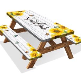 Sunflower Picnic Table Cover with Bench Covers Camping Essentials Wooden Grain Outdoor Table Covers with Elastic Waterproof Fitted Tablecloth for RV Picnic Travel