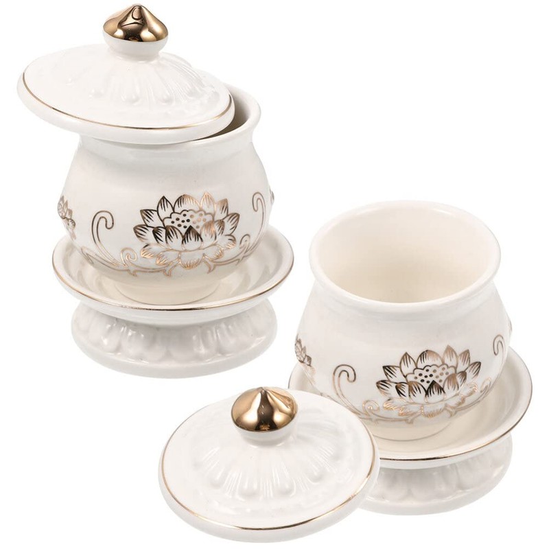 HOMSFOU Ceramic Altar Cup Buddhist Water Offering Bowl 2pcs Ceramic