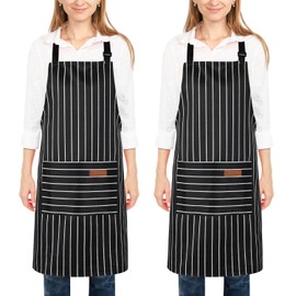 2 Pack kitchen aprons for chef men women aprons for waiter waitress with pockets apron for men aprons for cooking, garden bbq,kitchen aprons(Black Thick Stripes)