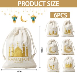 Pack of 6 Ramadan Bags, Eid Mubarak Bags, Gift Bags for Ramadan Decoration, Ramadan Gift Bags Made of Cotton, Gift Bags for Filling for Muslim Ramadan Decoration Party