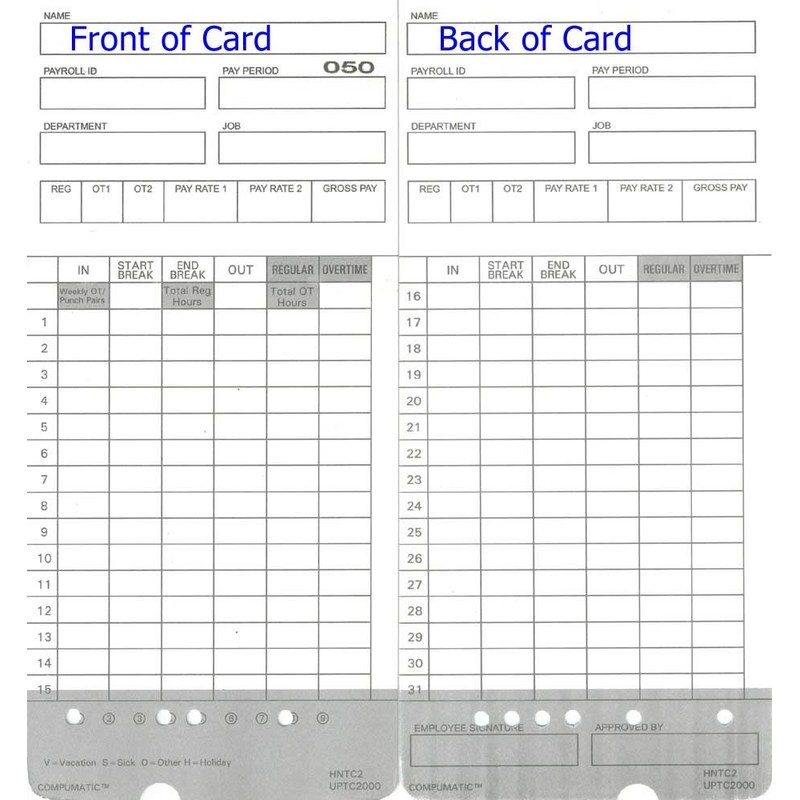100 Time Cards for uPunch HN2000, HN2500, HN4000, HN4500 AutoAlign