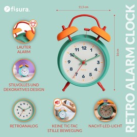 Fisura Analogue alarm clock multicolour without ticking. Alarm clock with LED night light. Dial 9 cm. Dimensions: 11.7 x 5.5 x 16 cm. Material: metal.