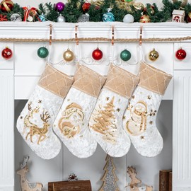 LUBOT Christmas Stockings Set of 4 Xmas Family Traditional Fireplace Hanging Gold Sequin Decor Velvet Satin Fabric with Embroidered Gifts for Christmas