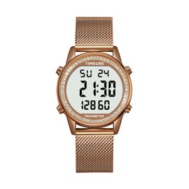 TIMEURE Women's Step Counter Pedometer Watch Crystal Stone, No App, No Charging Needed for Step, Calorie, Distance Tracking, Alarm, Countdown Timer, TU-2401 (Crystal Brown)