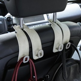 Car Headrest Hooks 2 Pack - Universal Premium Leather and Zinc Alloy - Alloy Car Seat Back Storage Hook for Purses Handbags Cloth Drink - Durable Car Accessories for Women Men (BH09-White-Silver)