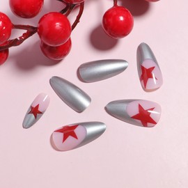 FIEONCIY Press on Nails Almond Shape-Glossy Full Cover Acrylic Silver French False Nails with Star Designs Artificial Medium Almond Pointed Fake Nails Glue ons Nails Stick on Fingernails for Women