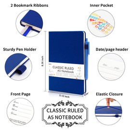 feela 5 Pack Journal Notebook Bulk for School, Hardcover Business Notebooks Classic Ruled Lined Journals with Pen Holder for Work Note Taking, with 5 Black Pens, 120 GSM, 5.1”x8.3”, A5, Navy