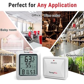 TempPro TP60B Termómetro digital para interiores y exteriores, monitor de humedad y temperatura, alcance de 200 pies60 m, termómetro e higrómetro...  