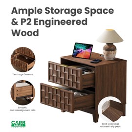 COLAMY Nightstand with Charging Station, 22" Modern Bed Side Table with 2 Storage Drawers and Chessboard Relieffor Bedroom, Dorm and Small Spaces - Walnut