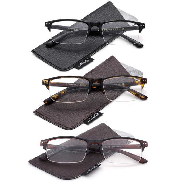 3 pares de gafas de lectura bifocales para hombre con medio marco para lectura bifocal, con bolsa, 3 paquetes – negro, tortuga y marrón, 2.00 X