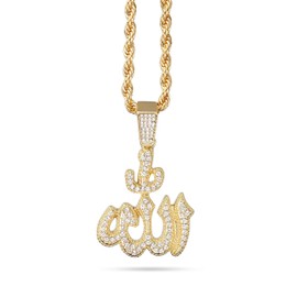 Techno Pave Men's Medium Islamic Iced Out Pendant Necklace with 4mm Rope Chain - Gold Allah