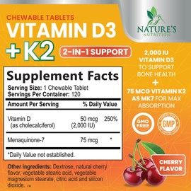Vitamin D3 K2 2000 IU Plus with K2 (MK-7) 75 mcg - Vitamins D & K Complex Supplement for Bone, Teeth, Muscle, Calcium Absorption, Supports Immune & Heart Health, Non-GMO Chewable Formula - 120 Tablets