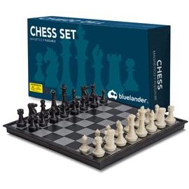 Bluelander Ajedrez Profesional, Magnético, (25cm) Diseño Clásico de Lujo, Tablero Plegable, Portátil 25cm x 25cm Abierto (25cm x 12.5cm Cerrado), Juego de Mesa Portátil y Educativo (Blanco y Negro)