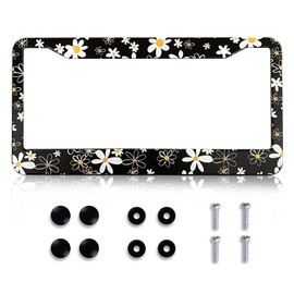 Daisy Flowers License Plate Frame - Black Daisy Floral License Plate Holder, Rust-Proof Auto Parts License Plate Cover Decoration with Screws Caps for Standard US 6 x 12 Inch