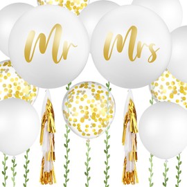 Wettarn 15 Pcs Giant Wedding Balloons Kit 36 Inch Jumbo White Balloons Mr. Mrs. Balloons with Paper Tassel 24 Inch White Large Balloons with 65ft Leaf Ribbon for Wedding Engagement Party Decorations