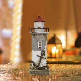 K KILIPES Wood Lighthouse with Led Light Nautical Decorations for Home Rustic Lighthouse Table Decoration Night Light for Beach Theme Living Room Kids Room Bathroom Decor