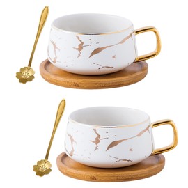 Jusalpha 10 oz Luxury Golden Hand Print Teacup Coffee Cup with Bamboo Saucer Set TCS19 (2 Sets, White)