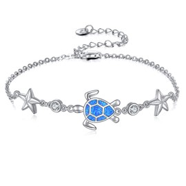 VONALA Turtle Anklet 925 Sterling Silver Blue Opal Sea Turtle Link Chain Starfish Anklets Beach Ocean Jewellery Gift for Women
