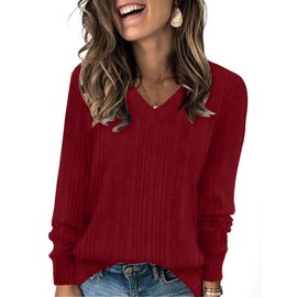 SAMPEEL V Neck Sweaters Woman Long Sleeve Fall Shirts Basic Pajamas Tops Trendy Valentine's Day Outfits Burgundy XL