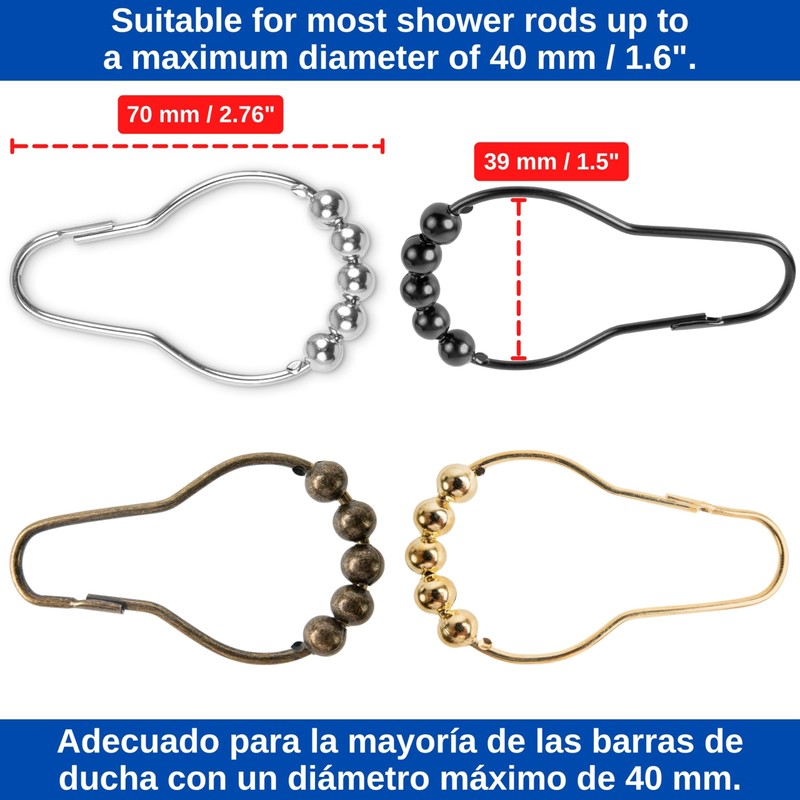 Shower Curtain Rings, 24 Pack, in Gold-Colour, Inner Diameter 2.7