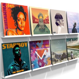 ILYXY Acrylic Vinyl Record Holder Wall Mount – 8 Pack 12-Inch Floating Vinyl Shelves, White Record Display Frames for LP Albums & Wall Decor