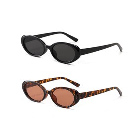 Pack of 2 Women's Sunglasses, Retro Sunglasses, Accessories, Black, Oval Aesthetic Sunglasses, Festival Rave, Brown Vintage Fashion Glasses, Slim Style, for Women, 2 Styles, black