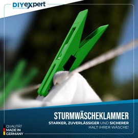 DIYexpert Sturm Clothes Pegs, Made in Germany, Green, Sturdy Clamps for Washing Lines, Rotary Dryer and Clothes Airer, Beach Loungers, Clothespins and Clothes Pegs
