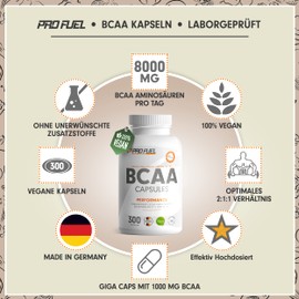 BCAA 1000 Giga Caps - High Dose with 8000 mg BCAA - 300 x BCAA Capsules with 1000 mg BCAA in Optimal 2:1:1 Ratio - Essential Amino Acids Leucine, Isoleucine & Valine - Laboratory Tested, 100% Vegan