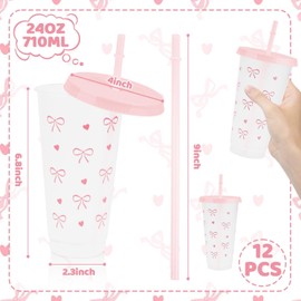 ARPOVIST 12Pcs 24 oz Pink Bow Plastic Cups with Straw and Lid, Reusable Coquette Bow Tie Cold Cups Bulk Party Tumbler Aesthetic Drinking Coffee Cup for Wedding Bridal Baby Shower Birthday Party