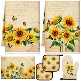 Bencailor Kitchen Oven Mitt Potholder Soft Microfiber Tea Towel Cotton and Linen Waterproof Pads Set for Coffee Tea Pot Housewarming Gift (Sunflower Style)