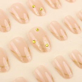 Glitter Gold French Tip Press on Nails Almond Short Fake Nails with Rhinestones Design Glossy Full Cover Glue on Nails Sparkly Acrylic Nails Artificial Almond Nail Tips Stick on Nails for Women 24Pcs