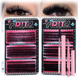 MOTIBACK 456pcs Eyelash Extension Set， False Eyelashes 30D-100D Curl Individual Set，12-18mm Cluster Fluffy Extender DIY Kit with Double End Glue + Glue Removal+Tweezers for Self Use + Brush（Pink）