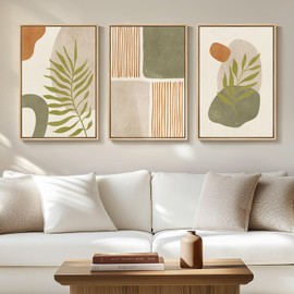 Framed Boho Sage Green Wall Art for Living Room, Large Mid Century Modern Tropical Leaf Canvas Artwork for Walls, 3 Piece Beige Orange Bohemian Wall Art Prints for Bedroom Kitchen Hallway, 16x24 Inch