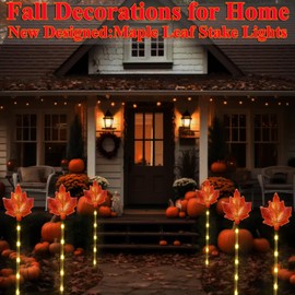 Mankinlu Fall Decor Solar Pathway Lights Outdoor Thanksgiving Decorations, 6 Pack Fall Leaves Solar Thanksgiving Maple Leaf Garden Stake Lights for Outside Patio Yard Wedding Party Autumn Decor