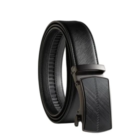 QUALIBELT Big and Tall Genuine Leather Ratchet Belt, Plus Size 1.38" Wide Belt with Slide Buckle, No Pinching, Trim to Fit, Fret Pattern/Black, Waist 50"-60" Adjustable