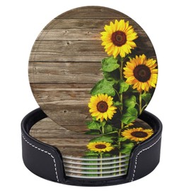 Niukom 6 Pcs Autumn Sunflowers Wooden Board Leather Coasters for Drinks with Holder Coaster Sets Drink Table Cup Coasters for Living Room Kitchen Coffee Decor