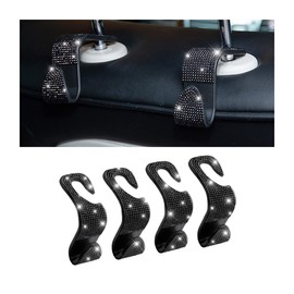 CGEAMDY Pack of 4 Bling Car Headrest Hooks, Car Hook Back Seat with Rhinestone Diamond, Universal Seat Organiser Storage Hooks for Suspension Food, Black