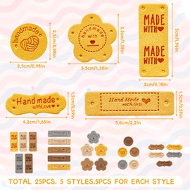 25 Pcs Handmade Labels, PU Leather Made with Love Labels Embossed Hand Made with Love Labels Sewing Hand Made Labels with Holes for Crochet, Knitting, Sewing, DIY, Bags, Hats (5 Styles)