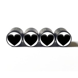 Black Heart Tire Valve Caps - Black Aluminum - Set of Four