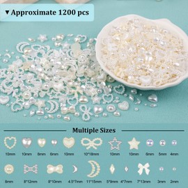 1200Pcs 3D Multi Shapes Nail Charms and Flatback Pearls, White&Beige Mix Styles Heart Star Bow Sunflower Embellishments for Nail Art, Craft and Decoration with Glue Gel, Tweezer and Pickup Pencil