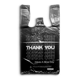 ROYALNA 100ct (12" x 6.5" x 21") Plastic T shirt Grocery shopping bags Reusable and Disposable for Restaurants, Convenience Stores, (Black/White Thank you, 100)