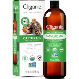 Cliganic Organic Castor Oil, 100% Pure (32oz with Eyelash Kit) - For Eyelashes, Eyebrows, Hair & Skin | Natural Cold Pressed Unrefined Hexane-Free