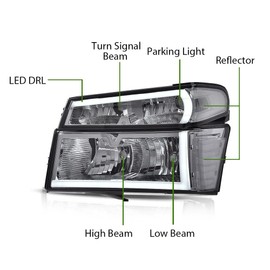 GRAND ORANGE LED DRL Headlights, Compatible with 2004 2005 2006 2007 2008 2009 2010 2011 2012 GMC Canyon/Chevy Colorado Headlights Assembly 4pcs（Smoky lens Chrome Housing Clear Reflector）