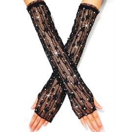 GEMILY Lace Rhinetsone Gloves Sparkly Bridal Long Fingerless Gloves Sheer Elbow Length Opera Tea Party Arm Sleeves for Women, Black, One Size