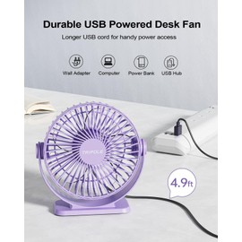 TriPole Desk Fan USB Powered Mini Portable Fan 3 Speeds Strong Airflow Small USB Fans 360°Rotation Personal Travel Fan 5.1 Inch for Home Office Table Bedroom Bedside Desktop, Purple, 4.9ft Cable