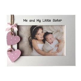 Me and My Little Sister White Photo Frame Gift Pink Hearts 6x4 Landscape New Baby Siblings Keepsake