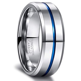 Greenpod 8MM Tungsten Carbide Rings Silver Blue High Polished Beveled Edge Mens Wedding Band Women Size 11