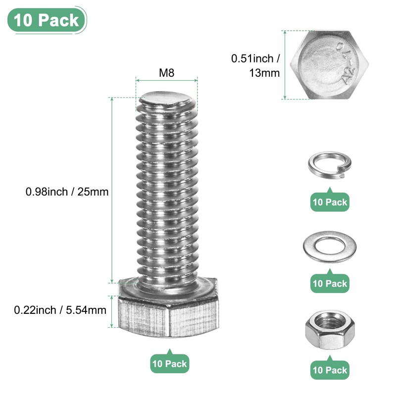 M METERXITY 10-Pack Hex Head Screw Bolt with Nuts Flat