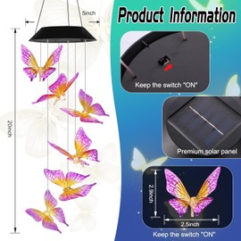Campanas de viento de mariposa solar, que cambian de color para exteriores, viento solar impermeable, luz solar, cubierta de luz LED multicolor para decoración de jardín de Navidad (A