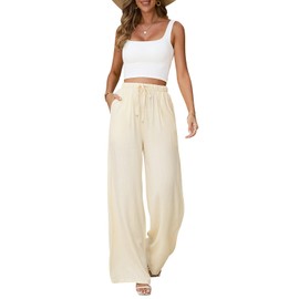 Jyanl Womens Linen Pants Casual Wide Leg Pants Summer Palazzo Pants Loose Flowy Beach Pants Trousers Drawstring Elastic Waist with Pockets Beige